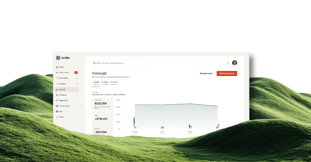 The Arclite forecast screen standing over green hills